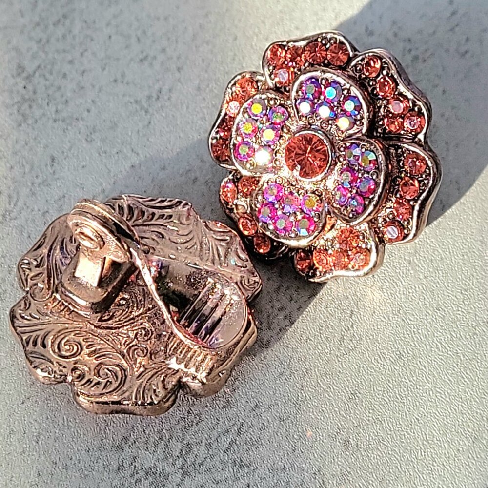 Vintage 1980s Floral Clip-On Earrings with Colorful Sparkling Rhinestones - Picture 5 of 7